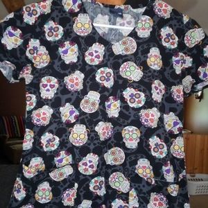 Zoe + Chloe sugar skull scrub shirt